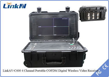 IP65 4 قنوات COFDM حقيبة استقبال فيديو مع بطارية وشاشة AES256 تشفير عالي الحساسية 106dBm @ 2MHz